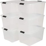 Iris Ohyama, set van 6, opbergdozen, 45 L, met clips, stapelbaar, transparant