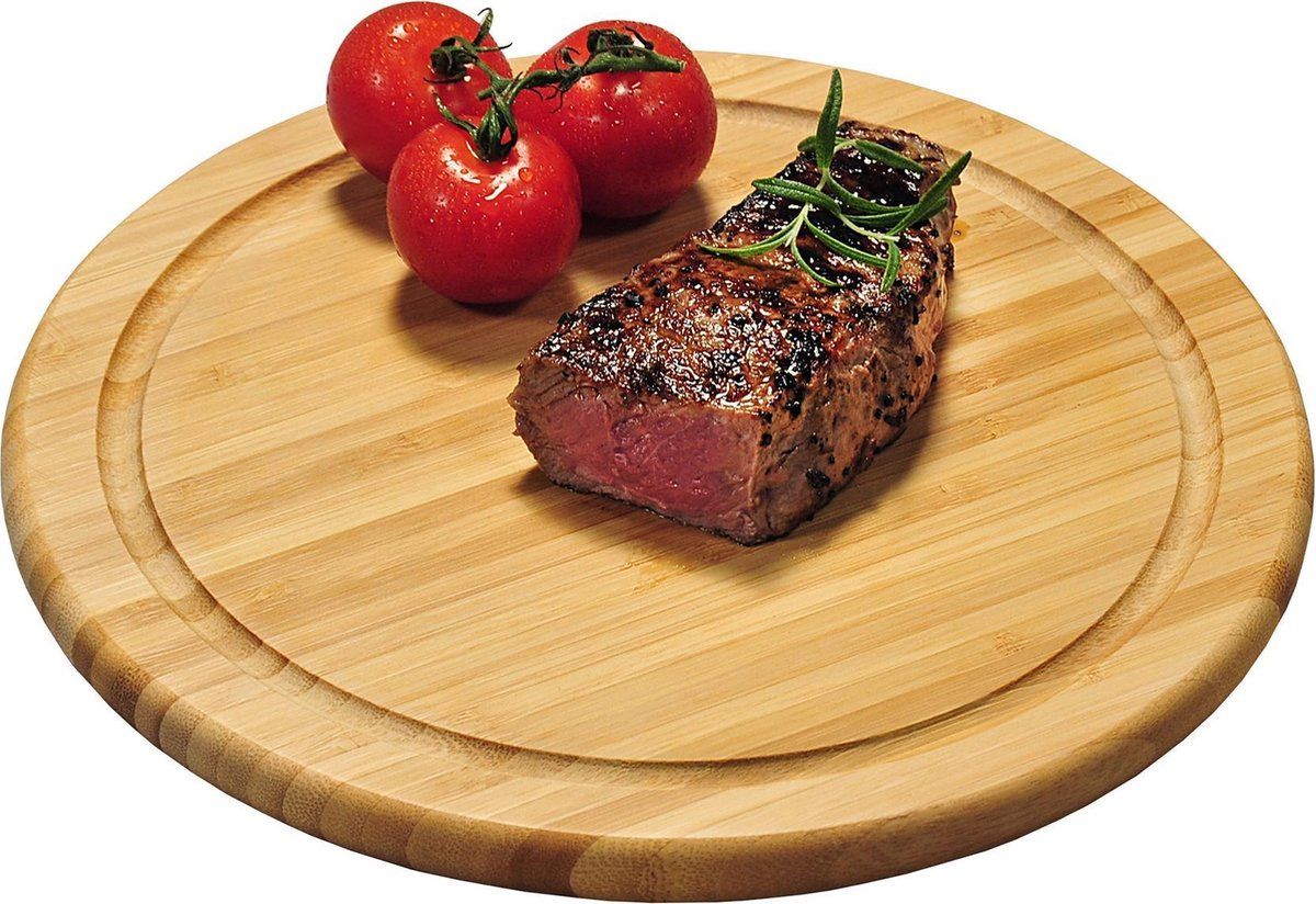 KESPER Ronde bamboe houten ontbijt serveer plankjes met sapgroef 25 cm - bruin
