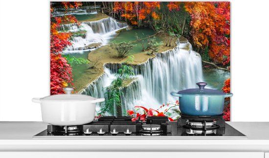 KitchenYeah Spatscherm keuken 80x55 cm - Waterval - Herfst - Natuur - Aluminium