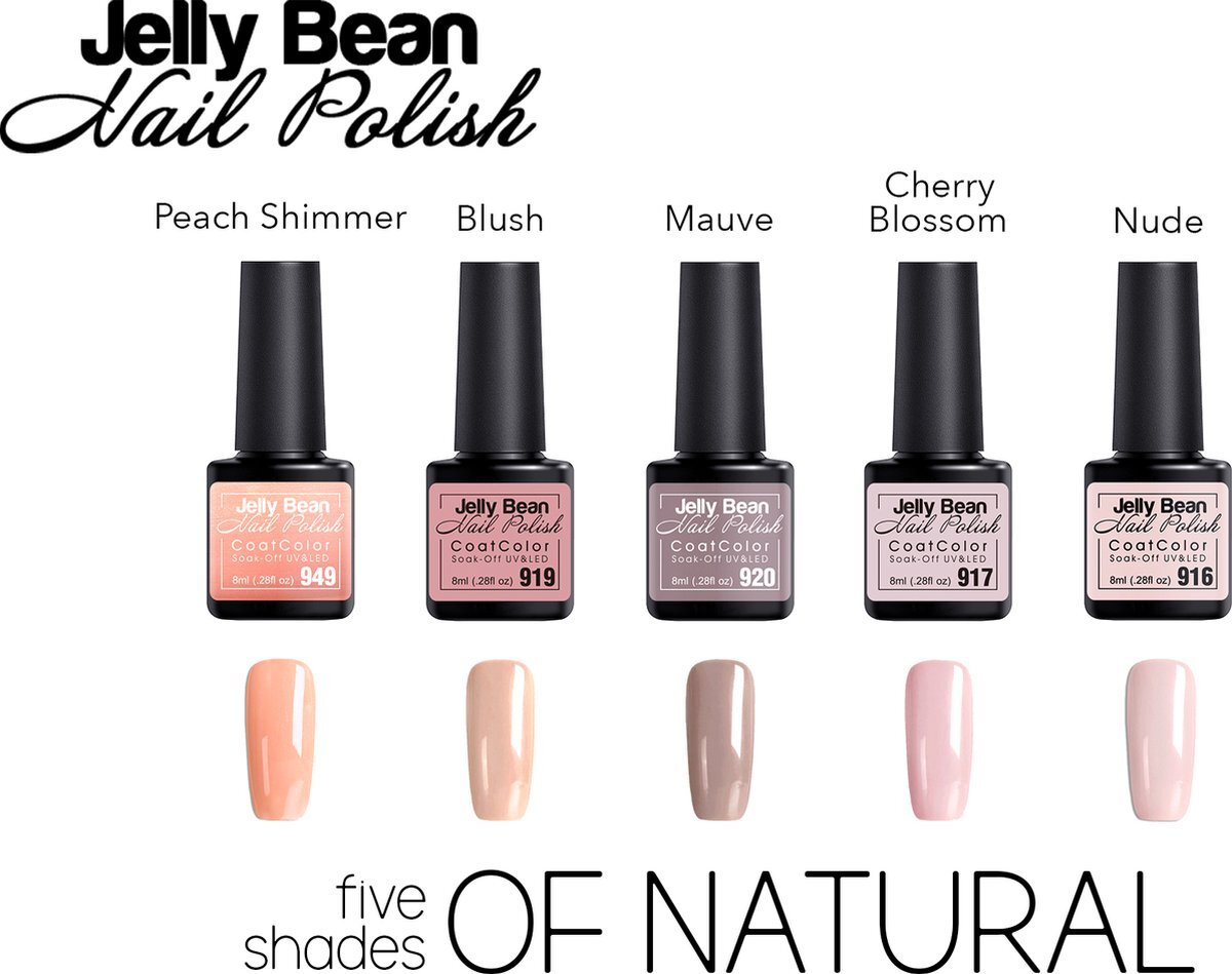 Jelly Bean Nail Polish Gel Nagellak New - Five shades of natural - voordeelset - UV Nagellak 8ml