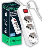 V-TAC Stekkerdoos met schakelaar en 1,5 m kabel, 3 stopcontacten, 10/16 A, Bipasso + Schuko stopcontact, 16 A, stopcontact voor thuis, kantoor, winkel, wit