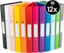OfficeTree 12-delige A4 Ringmap set - 12 kleuren - 2-ringsmechanisme - A4-ringmap met een rugbreedte van 3,5 cm - ringmappen van stevig kunststof - smalle ringmappen incl. stickers