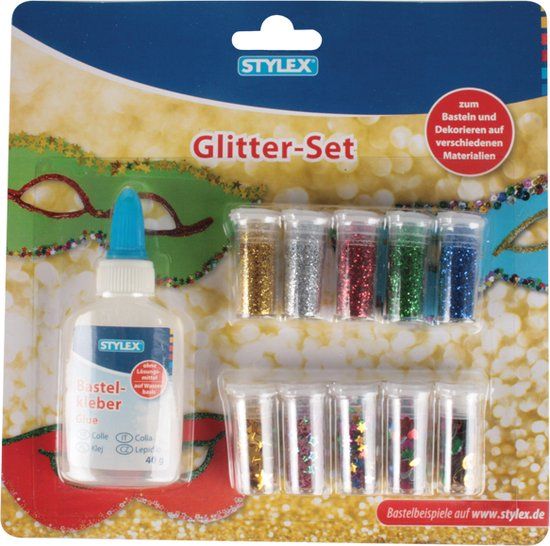 Stylex Glitterset op kaart Stylex 11 dig 23386, Lijm met losse glitters, knutsel set, lijm, Glitters
