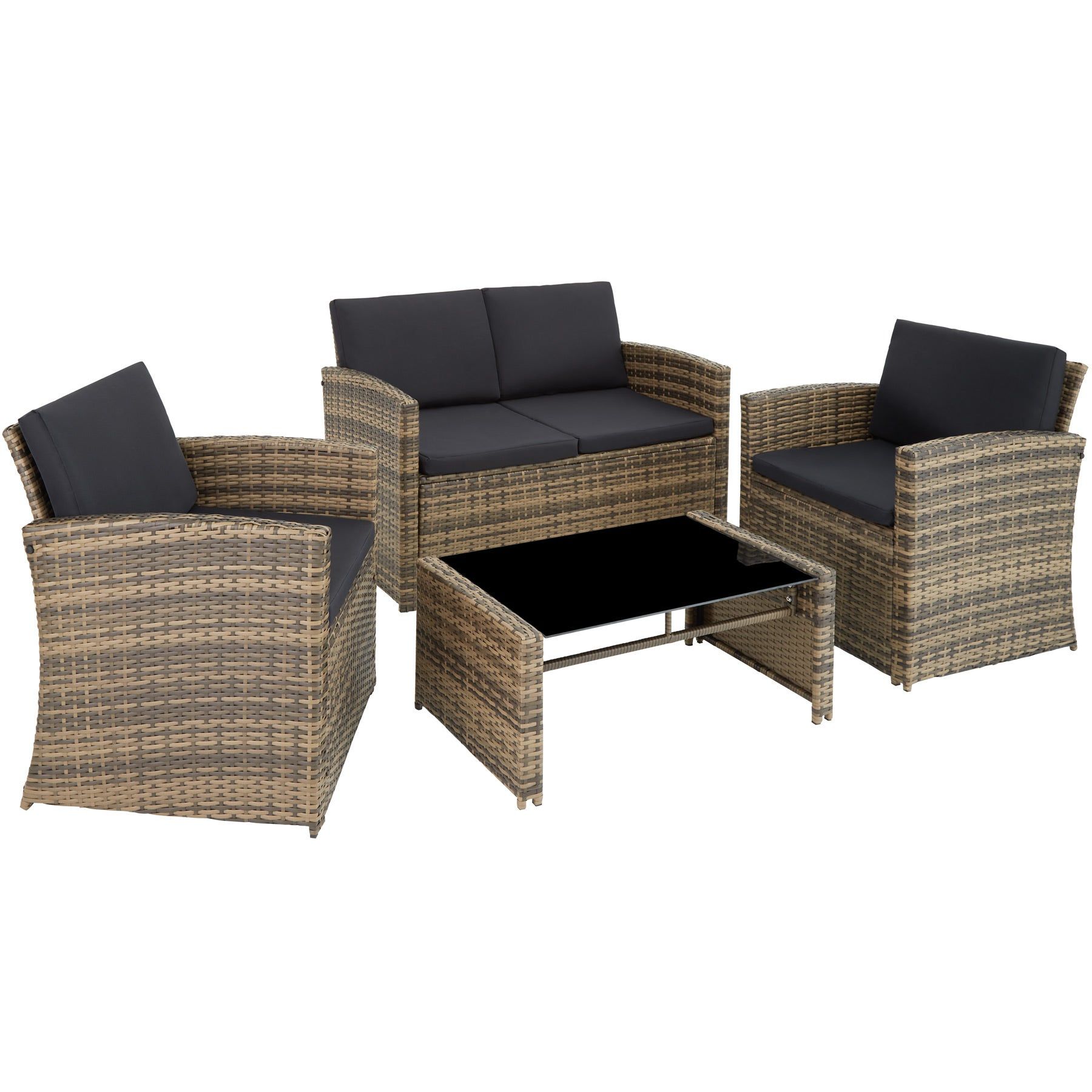 tectake® Lucca Wicker Loungeset - 4 zitplaatsen - Grijs/Bruin - Incl. Tafel & Kussens