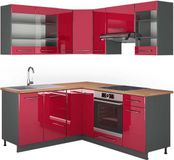Vicco Hoekkeuken Fame-Line, Bordeauxrood hoogglans/Antraciet, 190 x 160 cm, WB Eik