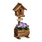 Relaxdays decoratief vogelhuisje met bloempot, dennenhout, rustiek design, HxBxD: 41 x 15 x 15 cm, decoratie, naturel