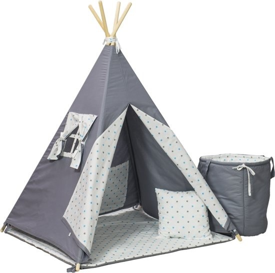 Viking Choice Wigwam tipi tent - 5 delig - 100% katoen - grijs en turquoise sterren