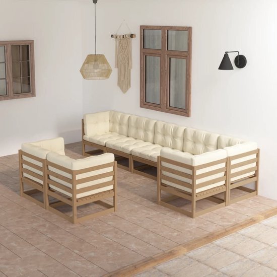 The Living Store Loungeset - Grenenhout - 70x70x67 cm - Honey Brown - Cream Cushions