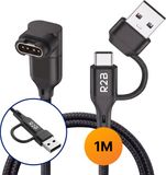R2B Câble de recharge compatible avec Garmin Montre - USB-A & USB-C - Nylon tressé 1 mètre - Forme en L Angle de 90 degrés - Noir