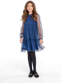Minoti feestjurk meisjes marineblauw - tule jurk met ballonmouwen