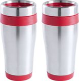 Makito Western Europe Warmhoudbeker/thermos isoleer koffiebeker/mok - 2x - RVS - zilver/rood - 450 ml - Reisbeker
