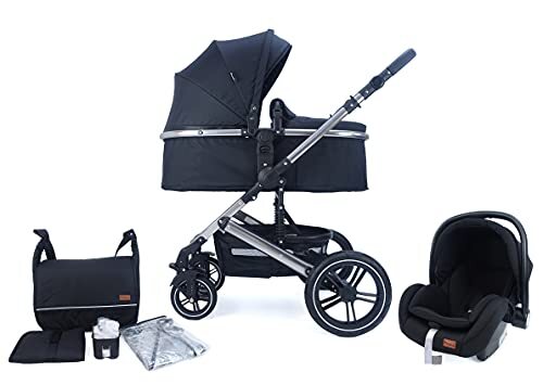 PIXINI Neyla combi kinderwagen met stoffen kuip, buggy, luiertas, drankhouder, regenzeil, muggennet, aankleedkussen (3-in-1 set met babyzitje chroom/zwart)