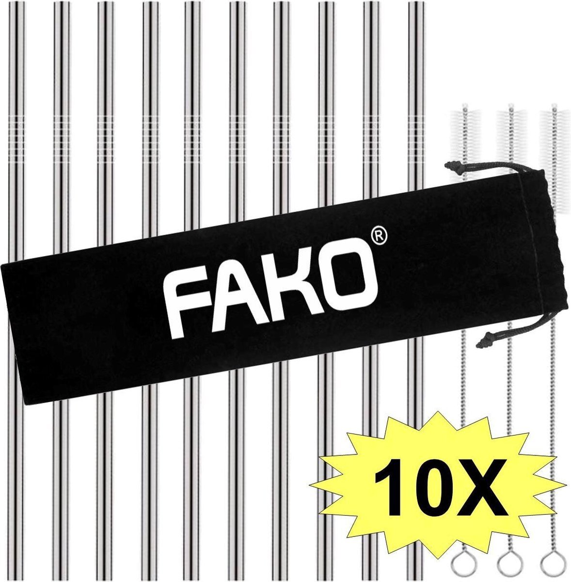 Fako Bijoux Fako Bijoux® - RVS Rietjes - 10 Stuks - Recht - 21 cm - 3 Schoonmaakborsteltjes