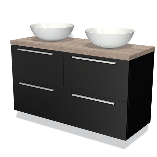 Maxaro Badkamermeubel voor Waskom 120cm Modulo Plato Mat Zwart 4 Lades Vlak Eiken Blad