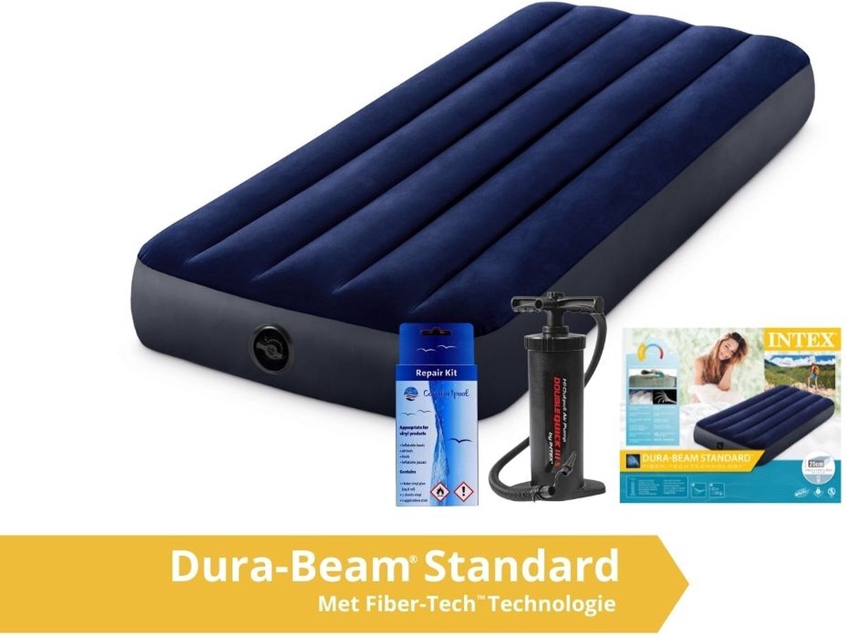 Intex Classic Dura-Beam - Luchtbed - 1 Persoons - Compact - Met Repairset en Handpomp - 191x76x25 cm - PVC - Blauw