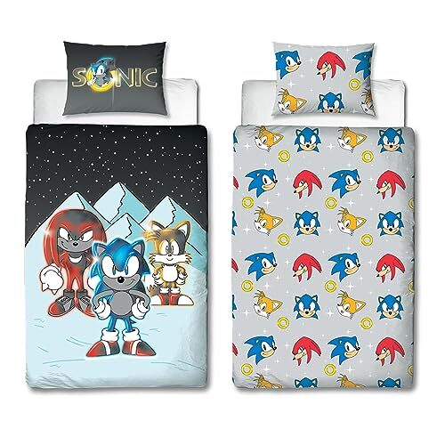 Character World Character World Sonic the Hedgehog officiële eenpersoons dekbedovertrekset, sneeuwontwerp | omkeerbaar 2-zijdig beddengoed hoes officiële koopwaar inclusief bijpassende kussensloop | Gaming