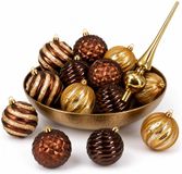 Holly & Jolly Kerstversiering set - 12x kerstallen - D8 cm - met piek - glans - goud - bruin