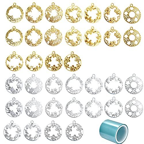 n/a Allazone 37 stuks lunet frame hanger charme, 35 stuks gemengd open lunet hanger gietvorm sieraden, hanger accessoires dienbladen voor DIY hars, gedrukt bloemsieraden