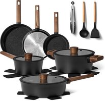 JUST PERFECTO HOUSEHOLD APPLIANCES 15-Piece Induction Cookware Set - Black with Lids - PFAS Free - Cool Touch Handles