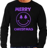Bellatio Decorations Foute Kersttrui/sweater voor heren - Merry Christmas - zwart - glitter paars - Smile / Emoticon S