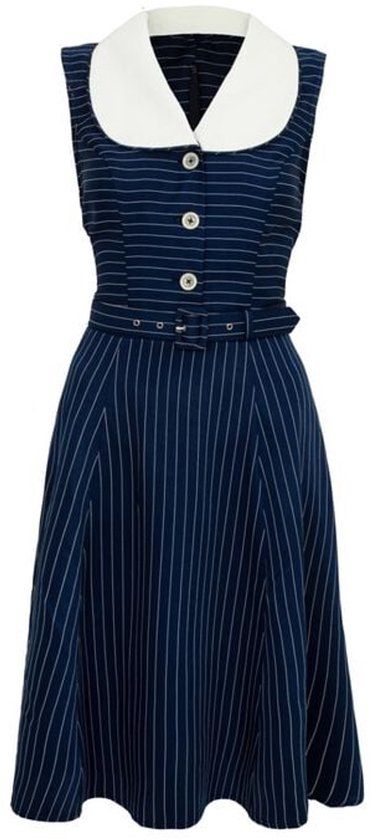 Hell Bunny Costello Dames Midi-jurk - blauw/wit - XS