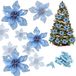 Whaline 24 stuks blauwe kerstster kunstbloemen met 24 stuks clips, glitter kerstboom ornamenten kerst bruiloft feest decor (13 x 13 cm)