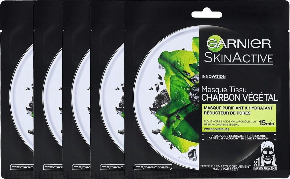 Garnier Skinactive Face Pure Charcoal Zwart Sheet Masker - 20 stuks - Voordeelverpakking - Masque Visage