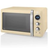 Swan Retro SM22030CNEU Digitale magnetron, 20 liter, 5 standen, ontdooifunctie, 60 minuten timer, deur met spiegeleffect, 27 cm draaiplateau, vintage design, crème, 800 W