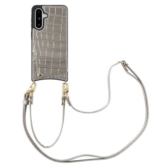 Selencia Hoesje - Geschikt voor Samsung Galaxy A36 / A56 (5G) - Croco Backcover met koord en pashouder - Zilver