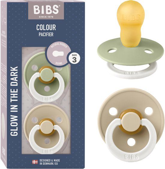 BIBS Colour Glow Speen verpakking van 2 stuks. BPA-vrij, Ronde speen. Natuurlijk rubberlatex, Gemaakt in Denemarken, Maat 3 (18+ maanden), Sage Glow / Vanilla Glow