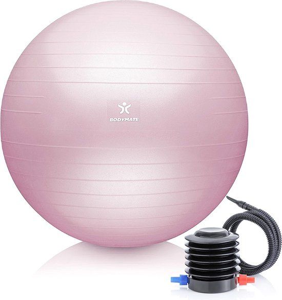 BODYMATE Gymnastiekbal, zitbal, trainingsbal met gratis e-book incl. luchtpomp, bal voor fitness, yoga, gymnastiek, core training, voor sterke rug als bureaustoel, Roze, PVC