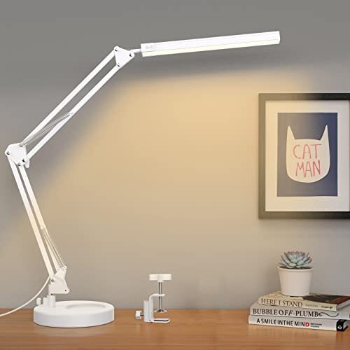 SKYLEO LED Bureaulamp met Basis en Klem - Oogbeschermende LED Lamp - Multi-hoek Verstelbare Werklamp - 3 Lichtstanden X 10 Helderheidsniveaus - Wit