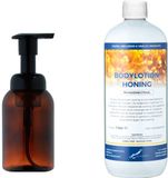 Claudius Cosmetics B.V. Zeepdispenser 300 ml amber bruin hervulbaar + 1 liter Bodylotion Honing navulling