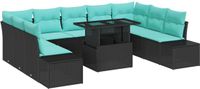 vidaXL Tuinbank Set Zwart en Blauw Poly Rattan