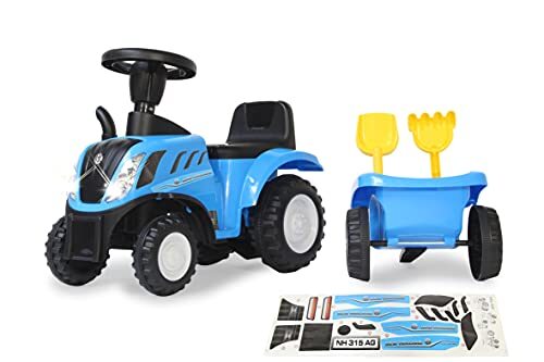 Jamara 460355 New Holland T7 Tractor – vanaf 12 maanden, zithoogte 270 mm, kantelbeveiliging, getrouwe look, hanger met schep en hark, led-licht, blauw