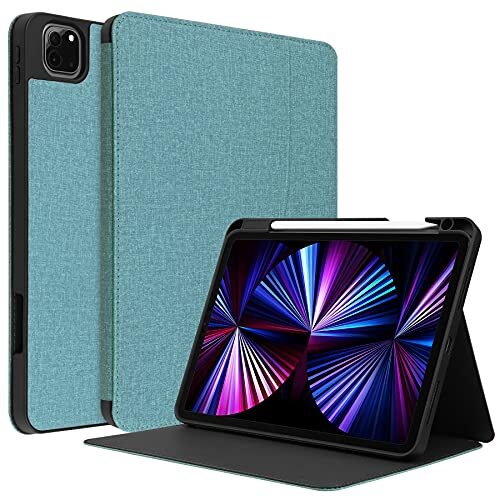 HUEZOE Beschermhoes voor iPad Pro 11 inch model 2021/2020/2018, zachte TPU-beschermhoes voor de achterkant van denimtextuur, inklapbaar, met penhouder, auto sleep/wakee, groen