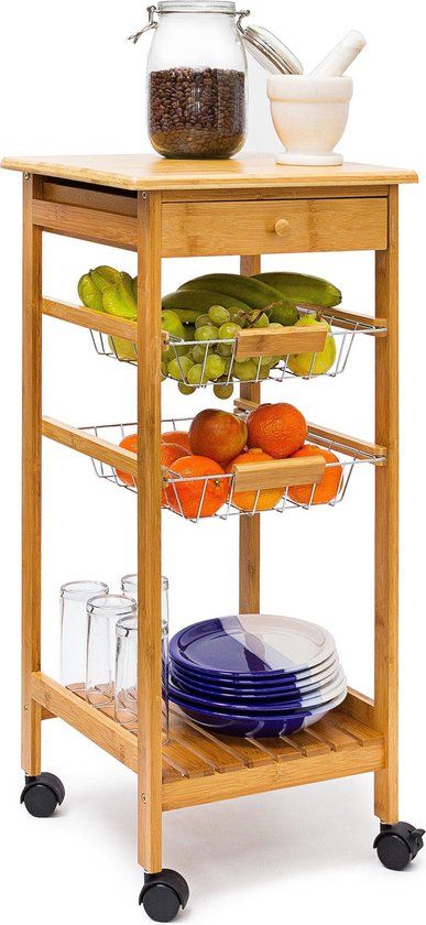 Relaxdays Keukentrolley JAMES S - Bamboe - 2 Manden - Zwart/Zilver/Lichtbruin