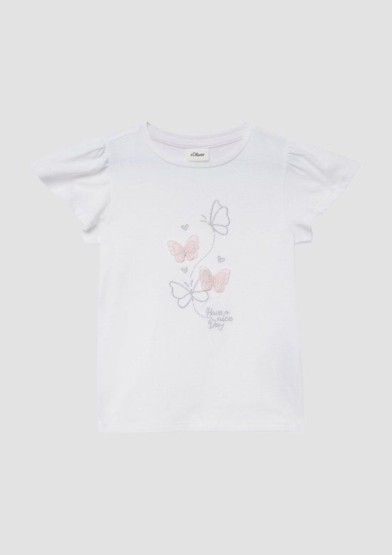 s.Oliver T-shirt wit met glitter Meisjes Katoen Ronde hals Printopdruk - maat 104/110