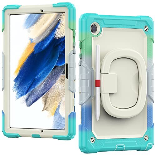 DAYI Hoes voor Samsung Galaxy Tab A8 10,5 inch 2022 SM-X200/X205/X207, siliconen hoes met draaibare standaard/handgreep, S Pen-houder, schouderriem voor Galaxy Tab A8 C, blauw