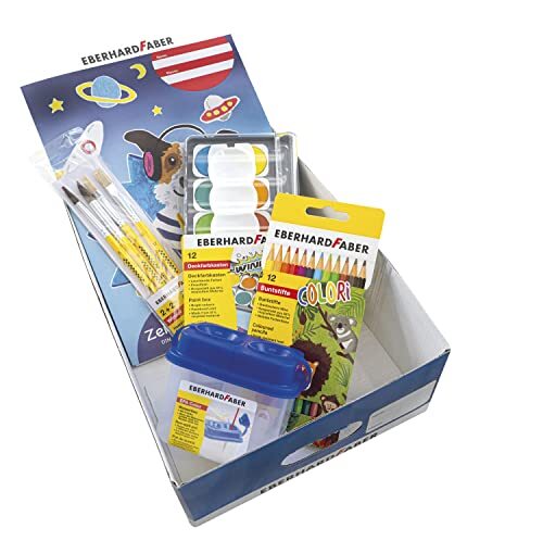 Eberhard Faber 560141 - schoolstarterbox incl. Colori kleurpotloden en Winner dekverfdoos in 12 kleuren, tekenblok A4 met 20 vellen, waterbeker, winner penseelset met 4 maten en lesrooster