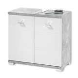 Stella Trading Badkamer wastafelonderkast in betonlook, wit - moderne | Moderne badkamerkast met witte hoogglans voorkant, 2 deuren, 1 plank, opbergruimte voor badkameraccessoires, badkamerkast