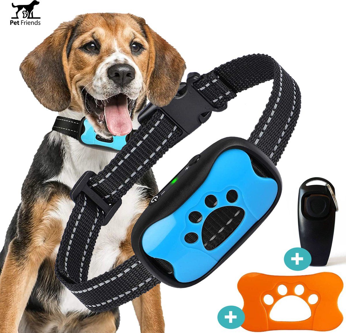 Pets Friends PetFriends Anti Blafband zonder schok - Incl. Hondenclicker en Fluit - USB Oplaadbaar - Anti Blaf apparaat - Opvoedingshalsband - Voor Grote en Kleine honden