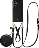 AVY Leren Hoesje geschikt voor Samsung Galaxy S26 Plus | Met Koord en Mini Telefoontasje | Compatibel met MagSafe | Leather Case met 30CM & 130CM Koord & Pouch | Leather Set | Zwart