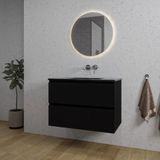 Saniclass Chaci Badkamermeubelset - 80x46x55cm - keramische wastafel zwart - 1 wasbak - zonder kraangat - 2 lades - ronde spiegel met verlichting - mat zwart