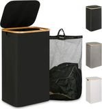 Panier à linge avec couvercle - 110 litres - noir - poignées en bambou