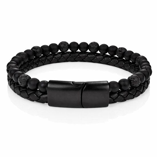 Memphis Heren armband zwart leer Agaat kralen Edelstaal magneet sluiting - 20.5cm