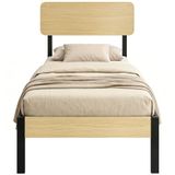 HOMCOM Bed Frame-Metall, Spanplatte-Natürliche Holzoptik
