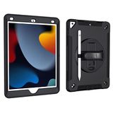Case voor iPad 10.2 Inch 9e/8e/7e generatie 2021/2020/2019 met 3-in-1 ontwerp, Minimalistische schokbestendige hoes met pen opknoping en 360 graden draaibare standaard polsband, zwart