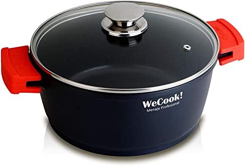 WECOOK Ecostone steelpan met glazen deksel, 20 cm, anti-aanbaklaag XTRA DUPON ecologisch zonder PFOA, gegoten aluminium, 5 mm dik, 9 cm hoog, handgrepen van siliconen, glaskeramiek, gas