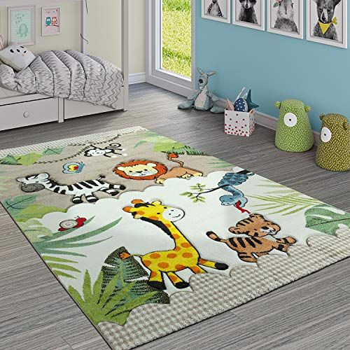 Paco Home Vloerkleed Kinderkamer Jungledieren Giraf Leeuw Aap Zebra Beige/Crème, Maat:80x150 cm